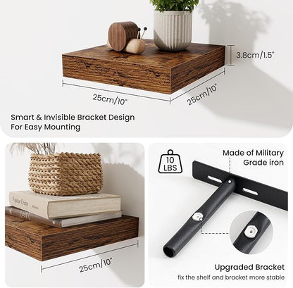 Fun Memories Floating Shelves for Wall - 10" x 10" Wood Shelf with Invisible Bracket - Deep Floating Shelves - 10 Inch Shelf Wall-Mounted for Living Room & Bathroom - Rustic Brown - Set of 2