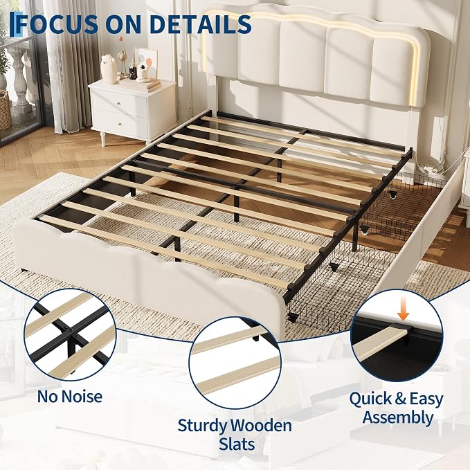 Garvee Full Size Bed Frame with 2 Storage Drawers and LED Lights, Upholstered Platform Full Bed with Adjustable Headboard, Wooden Slats Support, No Box Spring Needed, Easy Assembly, White