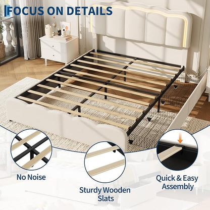 Garvee Full Size Bed Frame with 2 Storage Drawers and LED Lights, Upholstered Platform Full Bed with Adjustable Headboard, Wooden Slats Support, No Box Spring Needed, Easy Assembly, White