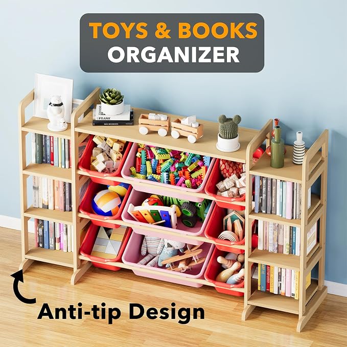 SpaceAid Large Toy Storage Organizer 9 Shelves 9 Bins, Toy Organizers Storage Bookshelf, Kids Bin Shelf Toys Box Bookcase for Bedroom Playroom Organization Room Decor, Red and Pink