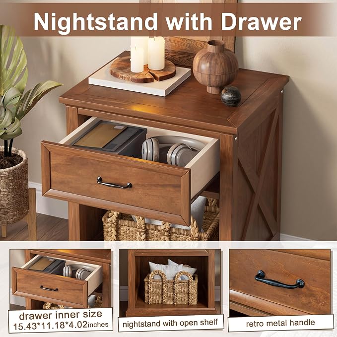4 Piece Bedroom Set Queen Size Bed Frame with Dresser and 2 Nightstands | Walnut Platform Bed Frames,4 Storage Drawers Cabinet,Farmhouse Bedroom Furniture Sets,Sturdy Wooden Slat Support,Guest Room