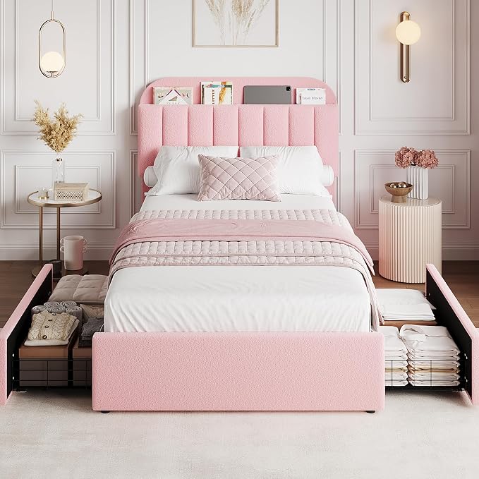 GarveeHome Twin Bed Frame with Storage Headboard, Girls Bed Frame with 2 Drawers, Boucle Upholstered Platform Bed with Bookcase, No Box Spring Needed, Easy Assembly, Light Pink