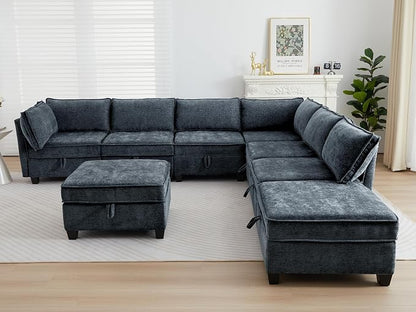 ORRD Oversize Corner Modular Sectional Sofa Set, Convertible L Shaped Couch with Storage, 8 Seater Sofa Modular with Ottomans and Reversible Chaise for Living Room, Office (Blue Grey)