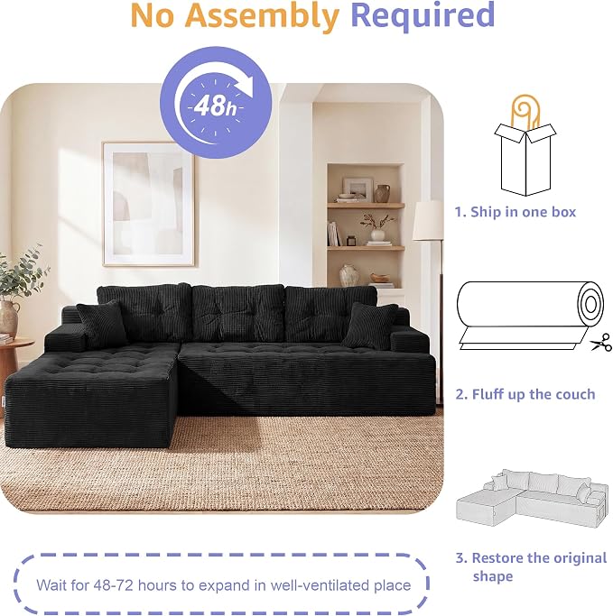 Hobestluk Modular Sectional Sofa Couches L-Shape Couch 3 Seat Modular Sofa Memory Foam Sectional Couches for Living Room, Cloud Couch with Oversized Chaise (Ebony Corduroy, 96", Left Hand Facing)