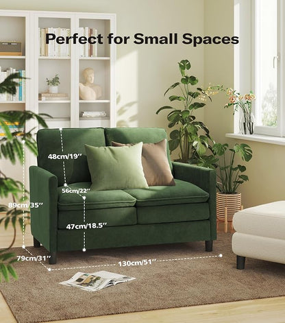 Welzona 3-Layers Cloud Loveseat Sofa, 51" Small Couch for Living Room, Bedroom - Tool-Free Assembly with Teddy Fabric Small Sofa - Green - Futon Couch - Removable Washable Covers - 650lbs Capacity
