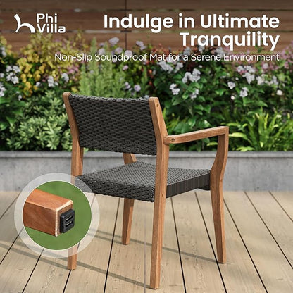 PHI VILLA Outdoor Acacia Wood Chairs Set of 2, Heavy-Duty Patio Dining Armchairs with Wicker Back & Seat, Farmhouse Style Teak Seating Furniture for Deck, Yard, Balcony