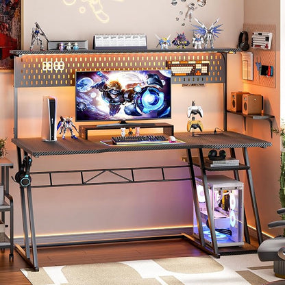 Armocity Gaming Computer Desk with Hutch and LED Lights, 53'' Black Gaming Desk with Storage Shelves, Reversible PC Gamer Desks with Pegboard, Ergonomic Desk for Bedroom, Carbon Fiber Surface