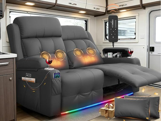Power Loveseat Recliner with 2-Point Graphene Heat & Massage, Under-Seat Multi‑Color Adjustable LED Light Strips, Foldable Armrest, USB A/C, Wall Hugger Recliner Couch for RV Home Theater