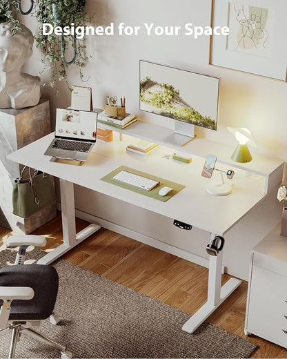 Agilestic 55 x 24 Inch Electric Standing Desk with Shelf, Height Adjustable Desk with Power Outlets & LED, Sit Stand Up Table with Monitor Stand, Computer Workstation, White