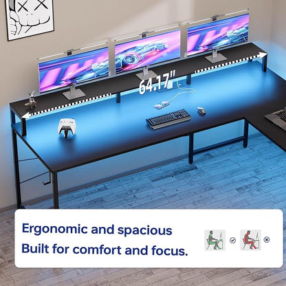 Pamray 64 Inch L Shaped Gaming Desk with Power Outlets and Led Lights, Large Corner Computer Desk with Monitor Stand and Pegboard, PC Table for Home Office and Bedroom Pink