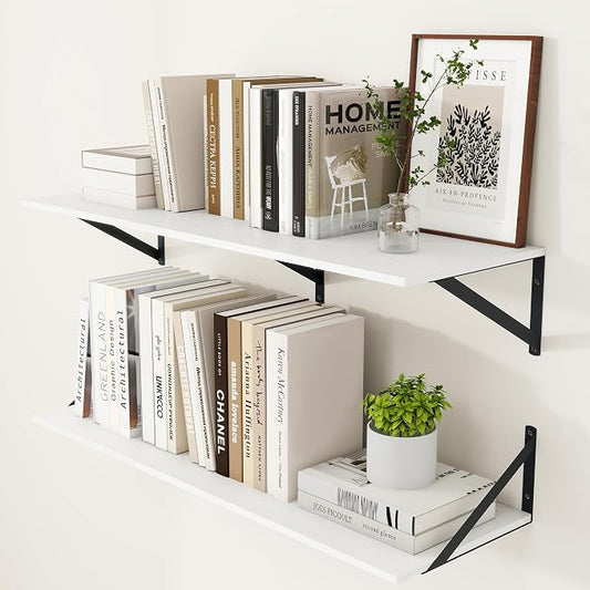 Heimlove White Deep Floating Shelves for Wall, 36W x 12D Wood Wall Shelves Set of 2, Wide Floating Bookshelf for Living Room, Kitchen, Office, Bedroom and Decor Storage, with Black Bracket - White