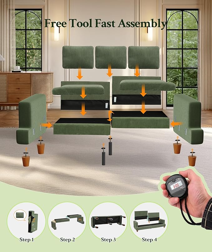 Welzona 87.2" Couches for Living Room, Comfy L Shaped Couch Green 7.5" Thicker Cushion, Sofas for Living Room Tool-Free Setup, Loveseat with Ottoman 848lbs Support, Corduroy Couch for Bedroom, Office