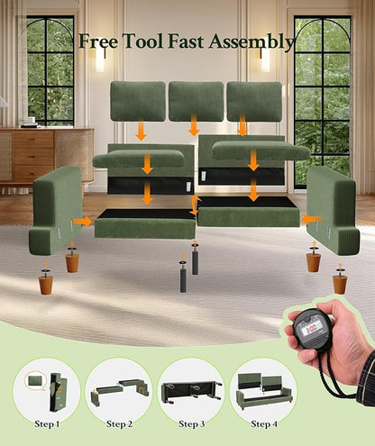 Welzona 87.2" Couches for Living Room, Comfy L Shaped Couch Green 7.5" Thicker Cushion, Sofas for Living Room Tool-Free Setup, Loveseat with Ottoman 848lbs Support, Corduroy Couch for Bedroom, Office