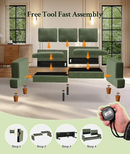 Welzona 87.2" Couches for Living Room, Comfy U Shaped Couch Green 7.5" Thicker Cushion, Sofas for Living Room Tool-Free Setup, Loveseat with Ottoman 848lbs Support, Corduroy Couch for Bedroom, Office