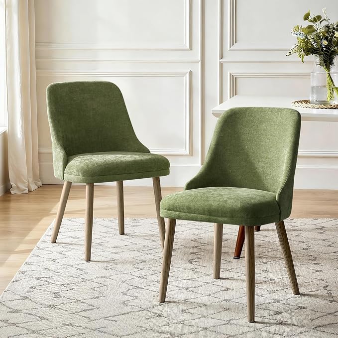 Upholstered Dining Chairs Set of 2, Fabric Dining Room Chairs with Curved Backrest, Solid Wood Legs, Modern Kitchen Chairs for Dining Room Living Room, Moss