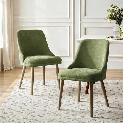 Upholstered Dining Chairs Set of 2, Fabric Dining Room Chairs with Curved Backrest, Solid Wood Legs, Modern Kitchen Chairs for Dining Room Living Room, Moss