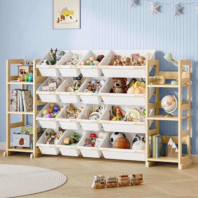 EXPERLAM Extra Large Toy Storage - Toy Storage Organizer, Wooden Toy Organizer with 6 Side Shelves and 16 Bins, 3-in-1 Bookshelf for Kids Rooms, Playroom, Nursery, White