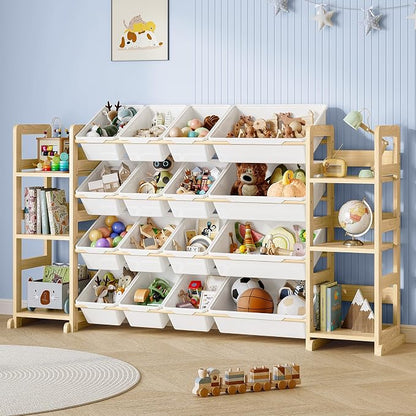 EXPERLAM Extra Large Toy Storage - Toy Storage Organizer, Wooden Toy Organizer with 6 Side Shelves and 16 Bins, 3-in-1 Bookshelf for Kids Rooms, Playroom, Nursery, White