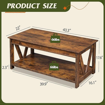 WLIVE Coffee Table, 43" Farmhouse Coffee Table with Storage Shelf & Sturdy V-Shaped Support, Wood Center Table for Living Room, Bedroom, Office and Balcony, Rustic Brown