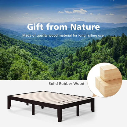 COSTWAY Full Size Wood Platform Bed Frame, 14 Inches Solid Rubber Wood Bed Mattress Foundation with Sturdy Slats Support, Easy Assembly Bed Frame for Home Hotel, No Box Spring Needed (Espresso, Full)