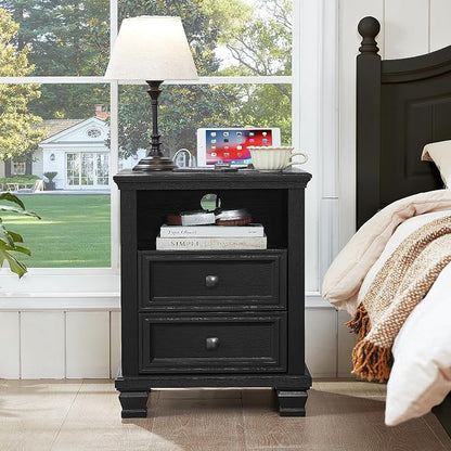 SAVOR LIFE Farmhouse Dresser and Nightstand Sets of 4 Piece, 5/6 Drawer Dresser and 2 Drawer Nightstand Set, Rustic Wood Bedroom Furniture Set for Home, Hallway,Black
