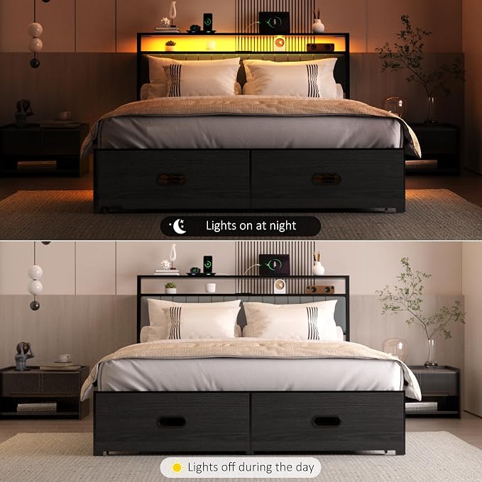 Full Bed Frame with 2 Drawers, Platform Bed Frame with LED Lights and Charging Station, Upholstered Headboard, Heavy Duty Metal Slats, No Box Spring Needed, Noise Free, Easy Assembly
