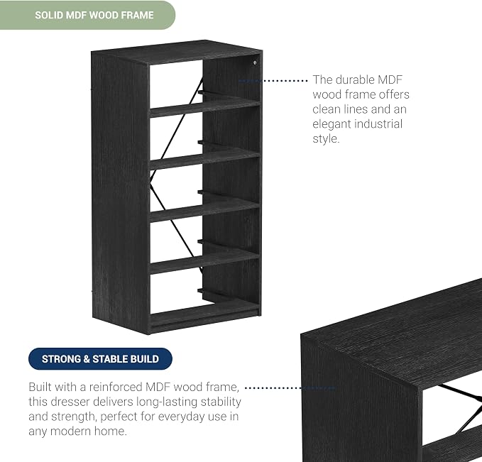 5-Drawer Dresser with Extra Large Fabric Drawers, Wood Frame Dresser with 5 Drawers for Bedroom or Living Room Storage, Hallway, Fabric Bins for Closet or Hallway Storage Organizer, Toy Chest, Black | 5-drawer dresser, fabric storage drawers, sturdy wo...
