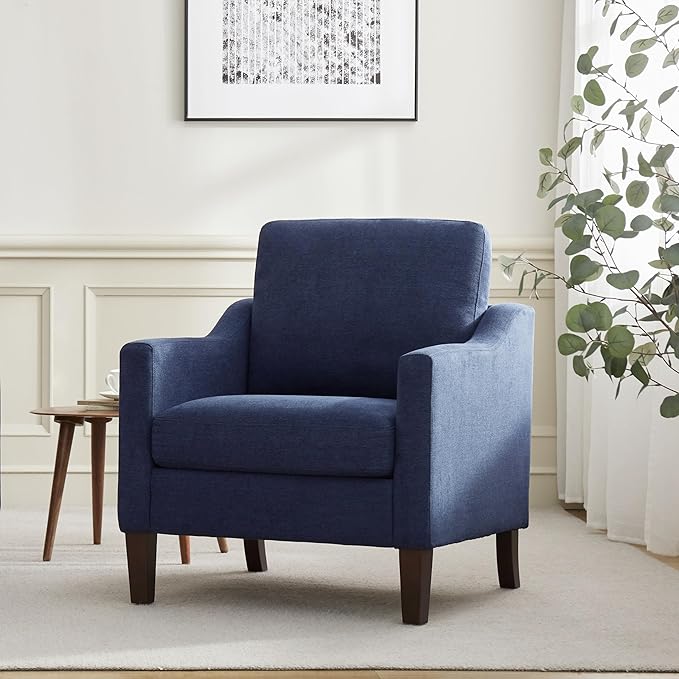 VKNOW Mid Century Modern Accent Chair, Upholstered Living Room Chairs Armchair for Bedroom, Comfy Reading Accent Chairs with Wood Legs for Living Room (1, Navy Blue)