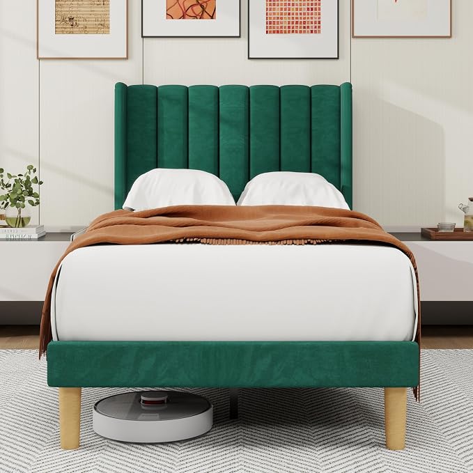 alazyhome Platform Bed Frame Twin Size with Upholstered Headboard, Solid Wood Slats Support, No Box Spring Needed, Noise Free, Easy Assembly, Modern Velvet Bed, Green