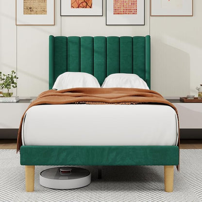 alazyhome Platform Bed Frame Twin Size with Upholstered Headboard, Solid Wood Slats Support, No Box Spring Needed, Noise Free, Easy Assembly, Modern Velvet Bed, Green