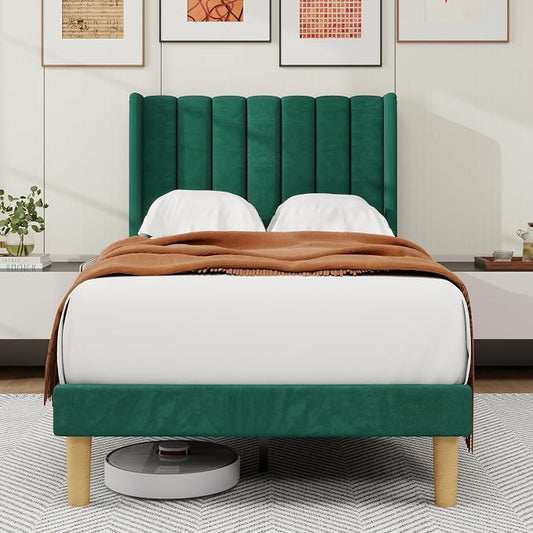 alazyhome Platform Bed Frame Twin Size with Upholstered Headboard, Solid Wood Slats Support, No Box Spring Needed, Noise Free, Easy Assembly, Modern Velvet Bed, Green