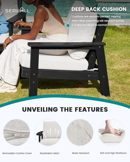 SERWALL HDPE Outdoor Couch Set of 2, All-Weather Wood-Like Patio Furniture Set, Black Outdoor Sofa Chairs with Khaki Cushions