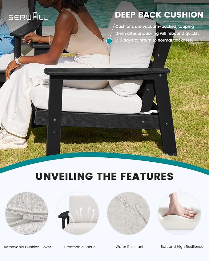SERWALL HDPE Outdoor Patio Loveseat, All Weather Wood-Like Outdoor Sofa HDPE Outdoor Furniture, Black Frame and Khaki Cushion