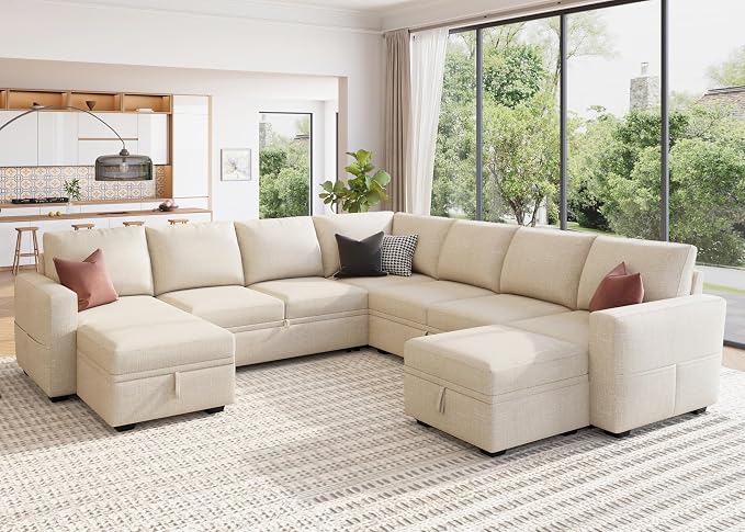 HONBAY Modular Sectional Sleeper Sofa with Pull Out Couch, Oversized U Shaped Sleeper Pull Out Bed with Storage Sectional Couches for Living Room - Beige