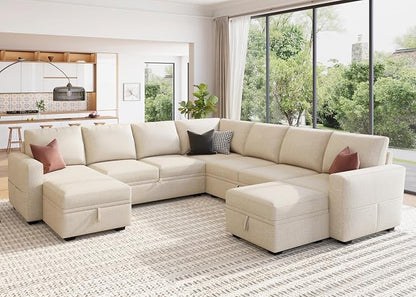 HONBAY Modular Sectional Sleeper Sofa with Pull Out Couch, Oversized U Shaped Sleeper Pull Out Bed with Storage Sectional Couches for Living Room - Beige