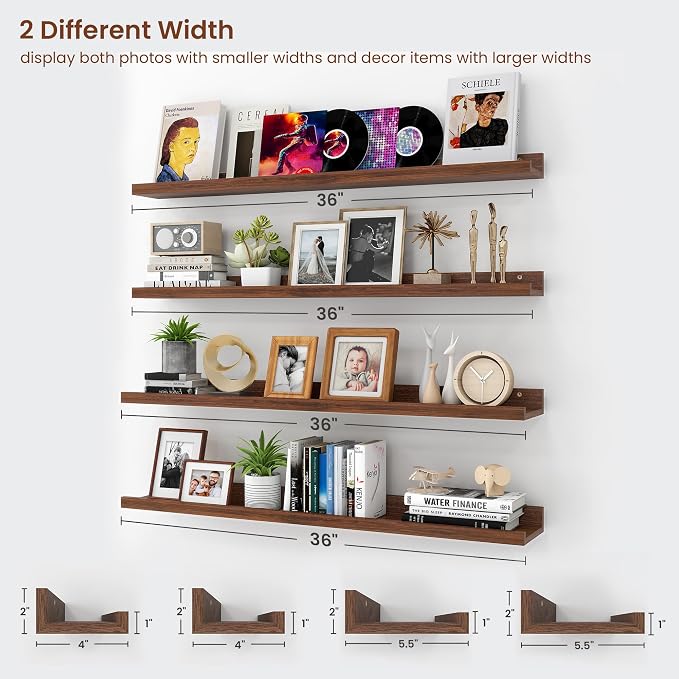 Axeman Picture Ledge Shelf | 36 Inch Walnut Floating Shelves Set of 4 | Rustic Wood Wall Shelves with Lip | 36" Walnut Picture Shelves for Wall with Ledge | Photo Shelves