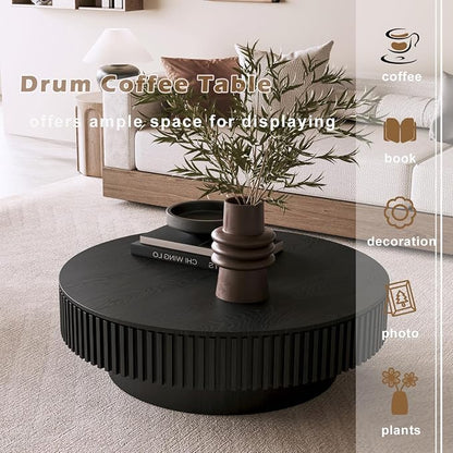 39'' Round Coffee Table with Storage, Modern Wooden Coffee Table with Solid Wood Veneered, Circle Center Table Accent Tea Table for Living Room Apartment Black