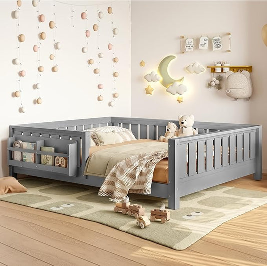 Bellemave Full Size Floor Bed with Slats and Guardrails, Full Size Montessori Floor Bed with Bookcase and Fence, Low Profile Montessori Beds for Kids, Gray Floor Beds Frame