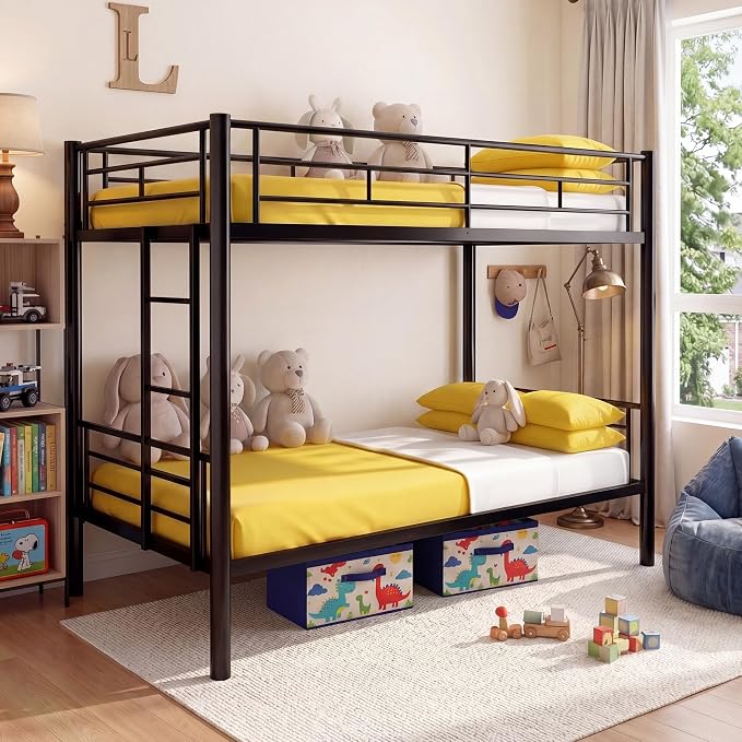 Bunk Bed Twin Over Twin, Metal Bunk Bed with Side Ladder and Safety Guardrail, Space-Saving Twin Bunk Beds for Kids, Teens & Adults, No Box Spring (Side Laddder, Black)