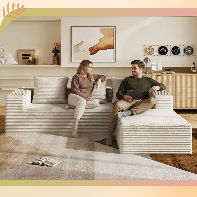 WLIVE 104'' Cloud Sectional Couches for Living Room, Modular Boneless Couch with Left Facing Chaise, L Shape Memory Foam Corduroy, with Cushion, Beige