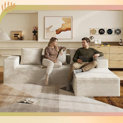 WLIVE 104'' Cloud Sectional Couches for Living Room, Modular Boneless Couch with Left Facing Chaise, L Shape Memory Foam Corduroy, with Cushion, Beige
