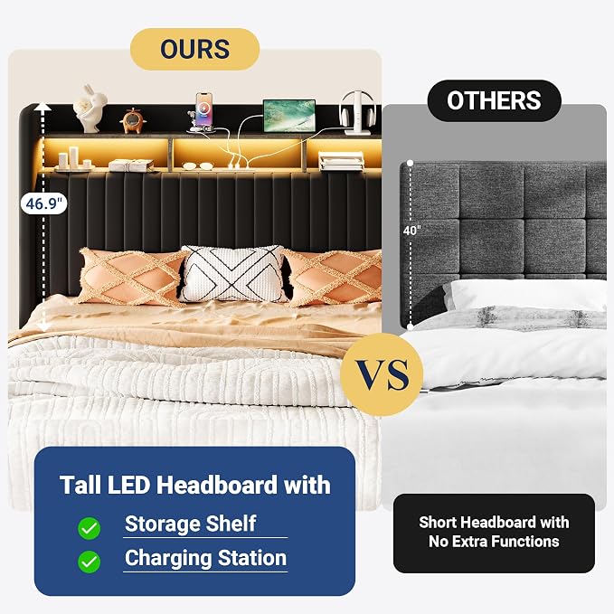 Allewie King Size Lift Up Hydraulic Storage Bed Frame, 2-Tier Shelf Headboard with LED Lights and Charging Station, USB and Type C Ports, Wingback Velvet Headboard, No Box Spring Needed, Black