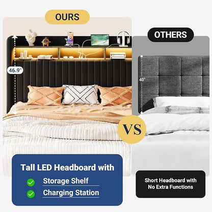Allewie King Size Lift Up Hydraulic Storage Bed Frame, 2-Tier Shelf Headboard with LED Lights and Charging Station, USB and Type C Ports, Wingback Velvet Headboard, No Box Spring Needed, Black