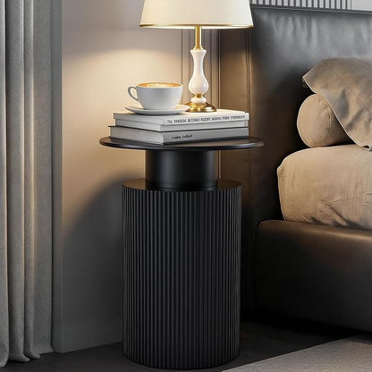 Fluted Side Table with Storage,24" Round Reversible Wood End Table | Mid Century Mdf Wood Bedside Nightstand,End Table for Small Spaces, Bedroom or Living Room