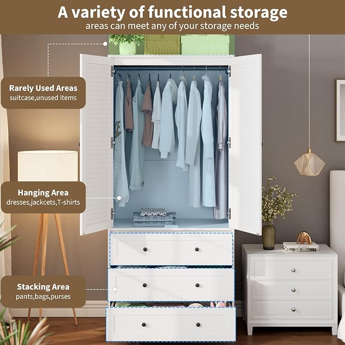 Garvee 70" Wardrobe Armoire Wooden Closet with 2 Doors and 3 Drawers, Bedroom Armoire with Hanging Rod Shelf, Large Capacity Storage Wardrobe Armoire, Freestanding Wooden Closet Storage Cabinet