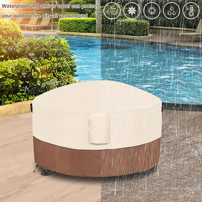 Fire Pit Cover,Outdoor Heavy Duty 600D 100% Waterproof Fire Pit Cover Round,Weatherproof Firepit Covers Round 48" Dia x 24" H,Beige & Brown