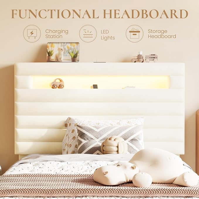 SHA CERLIN Twin Bed Frame with LED Light & 2-Tier Storage Shelf, Velvet Upholstered Adjustable Headboard with Charing Station, Horizontal Channel Tufted, No Box Spring Needed, Easy Assembly, Cream
