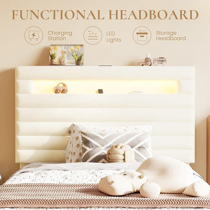 SHA CERLIN Twin Bed Frame with LED Light & 2-Tier Storage Shelf, Velvet Upholstered Adjustable Headboard with Charing Station, Horizontal Channel Tufted, No Box Spring Needed, Easy Assembly, Cream
