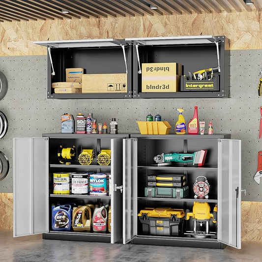 INTERGREAT Metal Storage Cabinet, 36” Steel Locking Cabinet with Doors and Shelves, Black Grey Utility Cabinet Garage Cabinets for Home Office, Garage, Kitchen