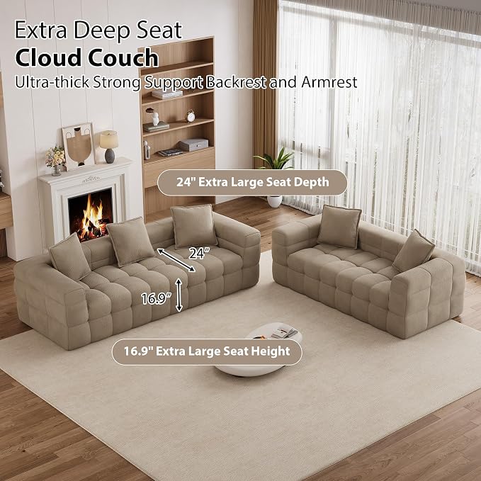 Chenille Cloud Sofa Couch Set with 5 Soft Pillows,Comfy Upholstered Chenille LoveSeat Sofa Set,Modern Deep Seat Sherpa Cloud Couch, Oversized Love Seat for Living Room,Light Brown
